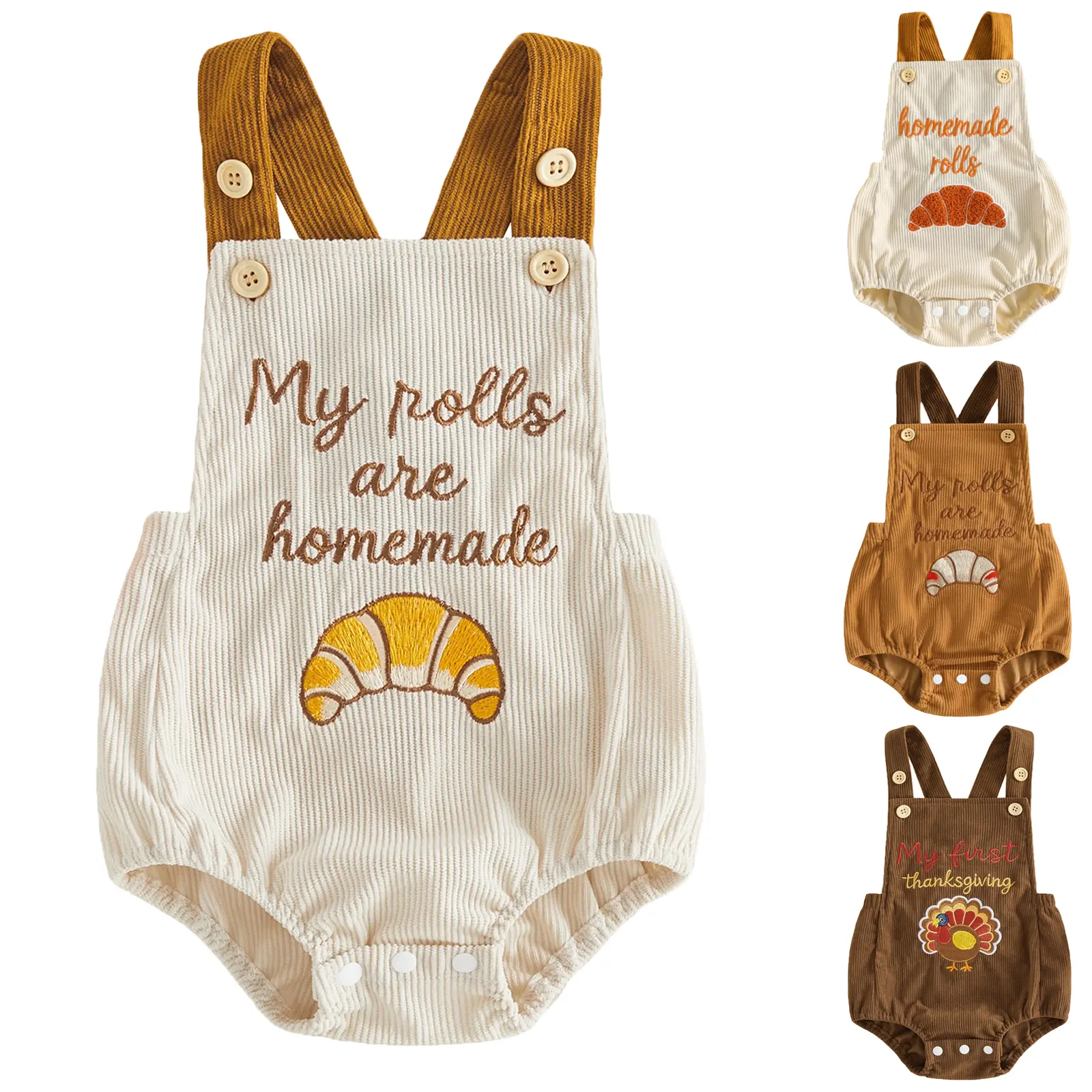 Babamoon Infant Baby Girl Boy Thanksgiving Romper My Rolls are Homemade Turkey/Croissant Embroidery Sleeveless Bodysuit Newborn Overalls Jumpsuit