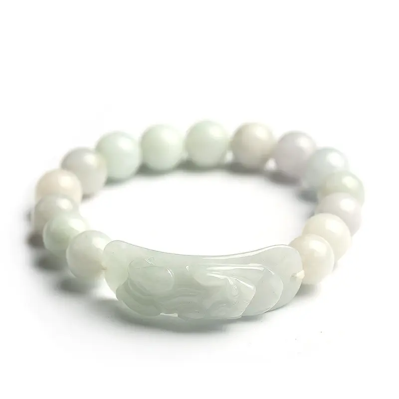 Burma Type A Jadeite Icy Waxy Round Bead Pixiu Bead Bracelet for Men and Women, Rare Stone Collectible Cultural Item, Bead Bracelets