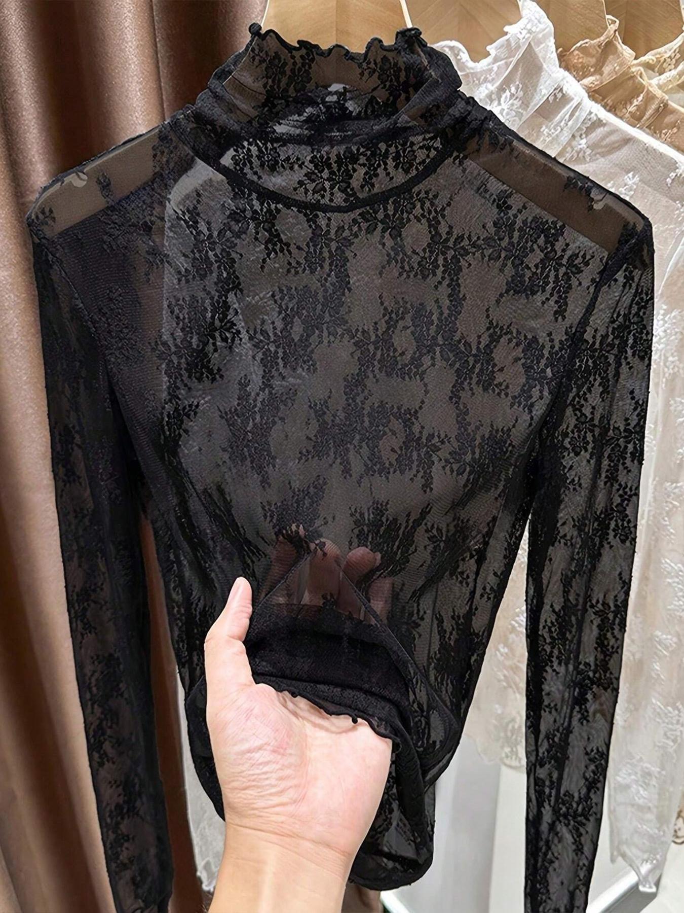 Women's Lightweight High Neck Lace Long Sleeve Ruffle Base Layer Top, Elegant Summer Fashion, Comfortable and Stylish Women's Clothing