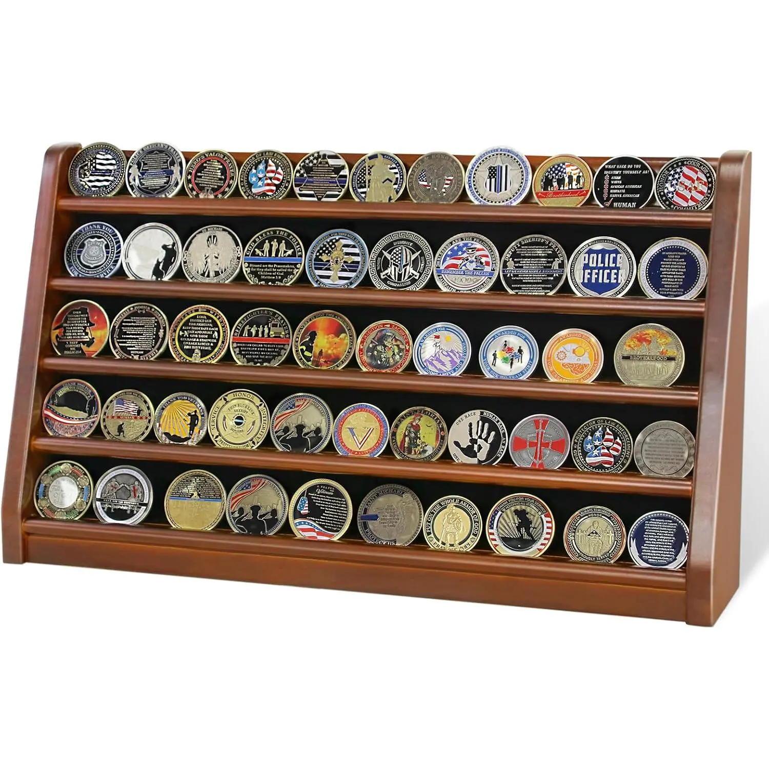 5 Rows Challenge Coin Holder Display Stand Holds 50 Coins for Wall Mount or Tabletop, Solid Wood Military Coin Rack Display Case for Collectibles, Walnut