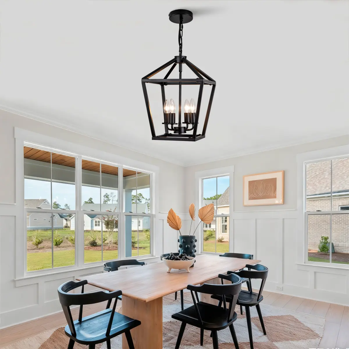 Black Farmhouse Lantern Pendant Chandelier, 4‑Light Wrought Iron Open Cage Ceiling Light Fixture with Adjustable Hanging Chain, E12 Socket Rust‑Resistant Matte Iron Frame for Kitchen Island Dining Room Entryway Foyer