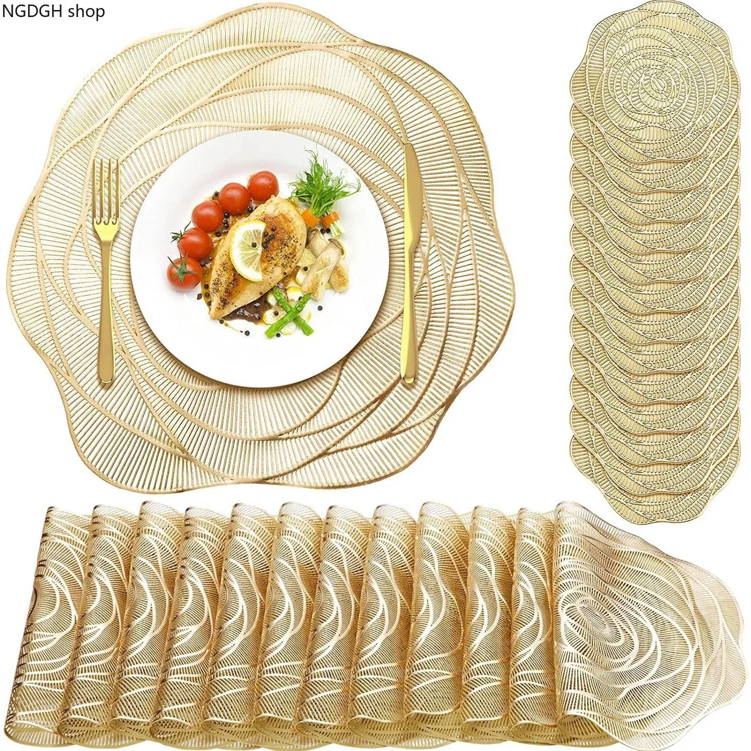 Hollow Floral Vinyl Placemat,Gold Silver Rose Cut‑out Table Mat,Round Decorative Dinner Table Pad,Waterproof Reusable Table Protection Mat,Stylish Ornament For Holiday Gathering Brunch Restaurant Indoor Home Tabletop Decoration