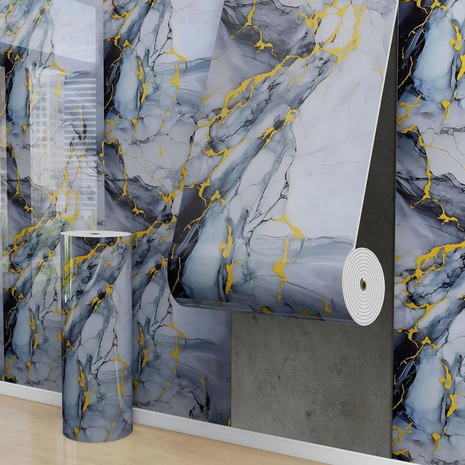 marble-pattern self-adhesive wall paper roll, Kitchen Wallpaper - featuring white and gold marble design, 118.11*415.75 inches, water-washable and removable splash-proof stickers, suitable for home decoration, bathroom, living room