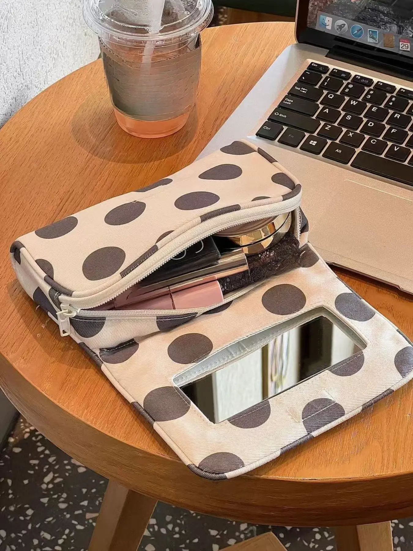 Polka Dot Makeup Bag with Hand Mirror, Portable Zipper Cosmetic Travel Bag Pouch for Lipsticks and Daily Makeup Essentials