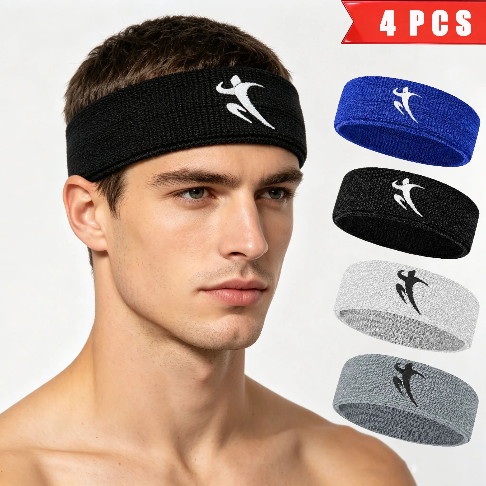 4pcs Embroidered Stick Figure Logo Sports Hair Bands Set, Stretchy Headbands, High Elastic Soft Comfort Sweat-Wicking, Ideal for Running Basketball Tennis Fitness