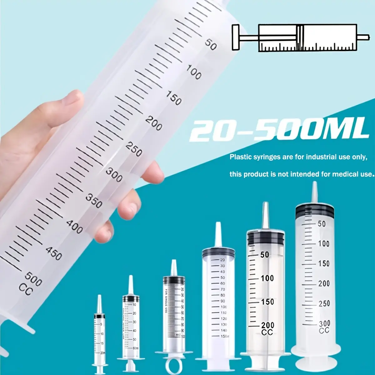 Large Capacity Plastic Syringe, No Needle Pusher, 20ML-1000ML, Clear Scale, Durable Transparent Body, Home & Industrial Use