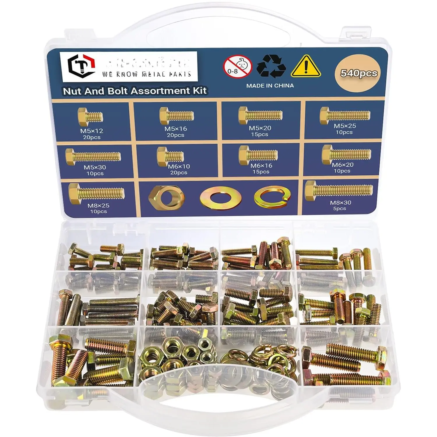 540 count Metric Bolt and Nut Set - M5/M6/M8 Class 8.8 Heavy Duty Hexagon  and Nuts  Kit with Yellow Zinc Plated Coating