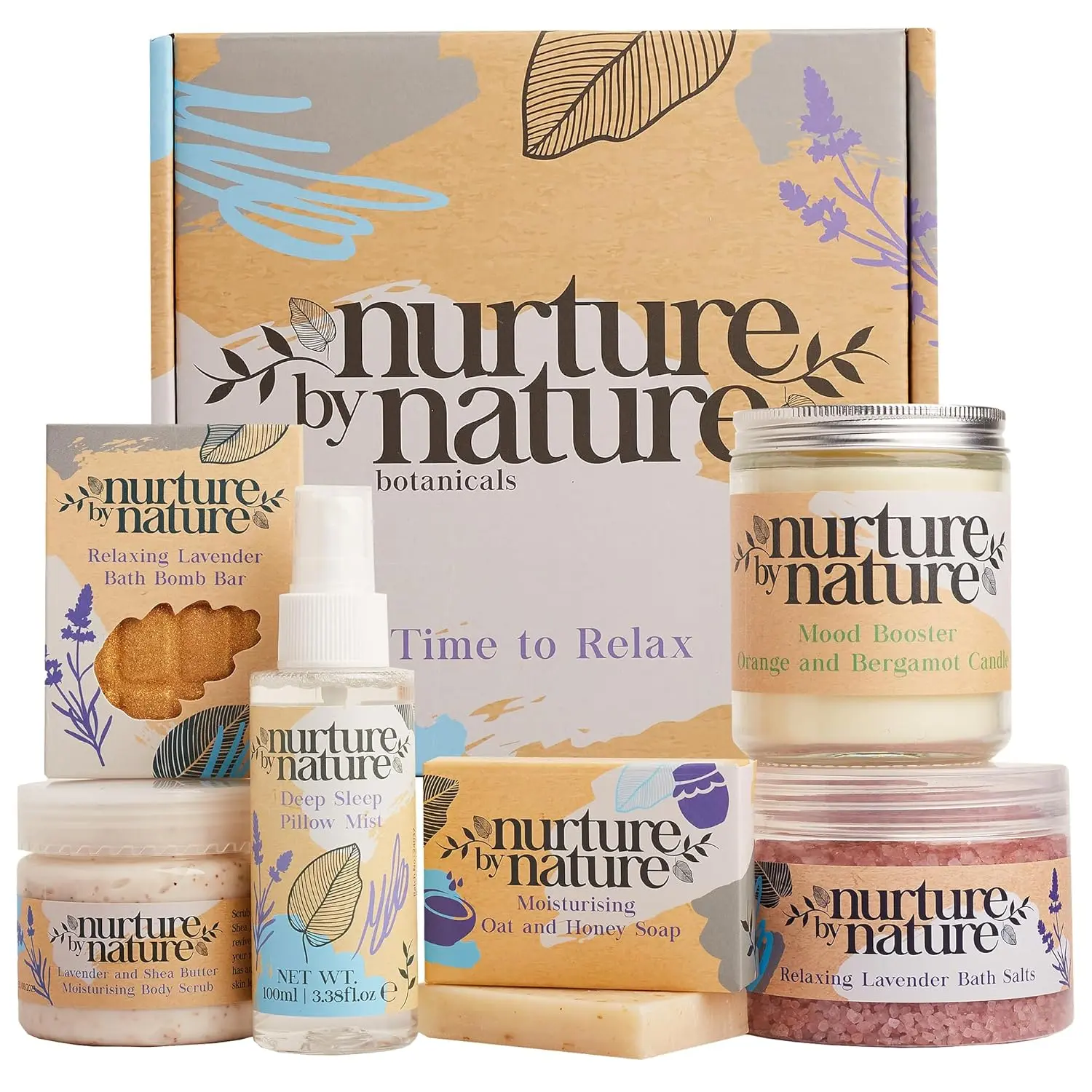 Nurture by Nature Spa Gifts for Women - Self Care Gift Set & Spa Gift Basket for Women, 6 Piece Bath Set with Candle, Bath Bomb, Salts & Pillow Spray - Relaxation Gifts, Mothers Day Gifts for Mom