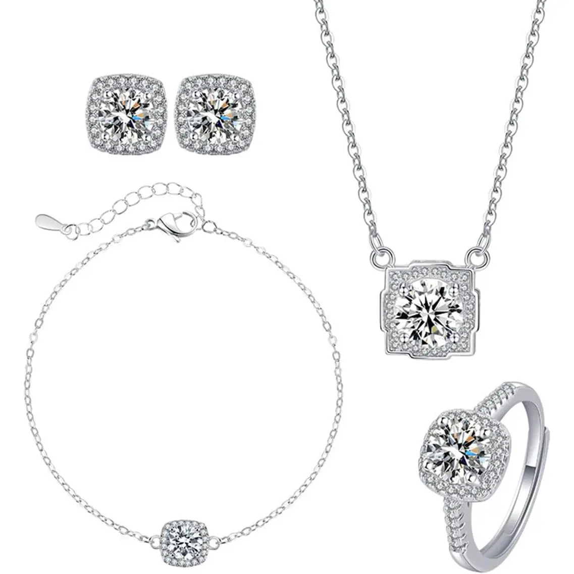 4 count Cubic Zirconia Wedding  Sets for Bride Bridesmaid Cubic Zirconia Pendant Necklace Earrings Link Tennis Bracelet Open Ring Set for Women Birthday/Valentine's Day/Mother's Day/Christmas