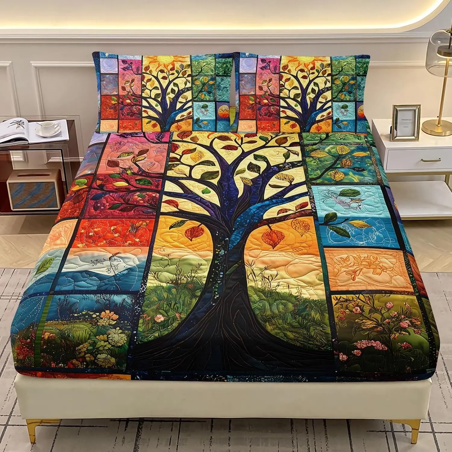 Life Tree Print Bed Sheet Set for Single Bed, Bohemian Sun Moon Colorful Tree Bedroom Bedding Set, Natural Theme with 2 Pillowcases, 3-Piece Set
