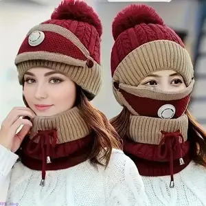 Women's 3-Pack Winter Knit Accessory Set, Thick Fleece Warm Kit with Beanie, Ear Warmer, Face Cover, Neck Scarf, Soft Thermal Matching Gear for Cold Daily Outdoor Wear