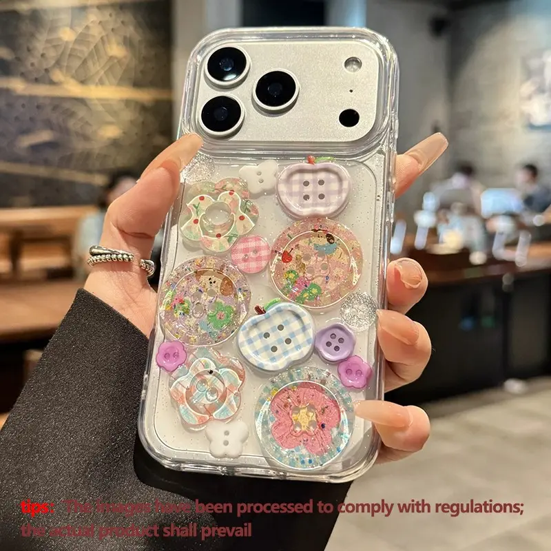 Summer New 3D Floral Button Transparent Resin Sticker for iPhone 16 Pro, iPhone 17 Pro Max, iPhone 15, Stylish Phone Accessory Cover, Phone Cover Casing