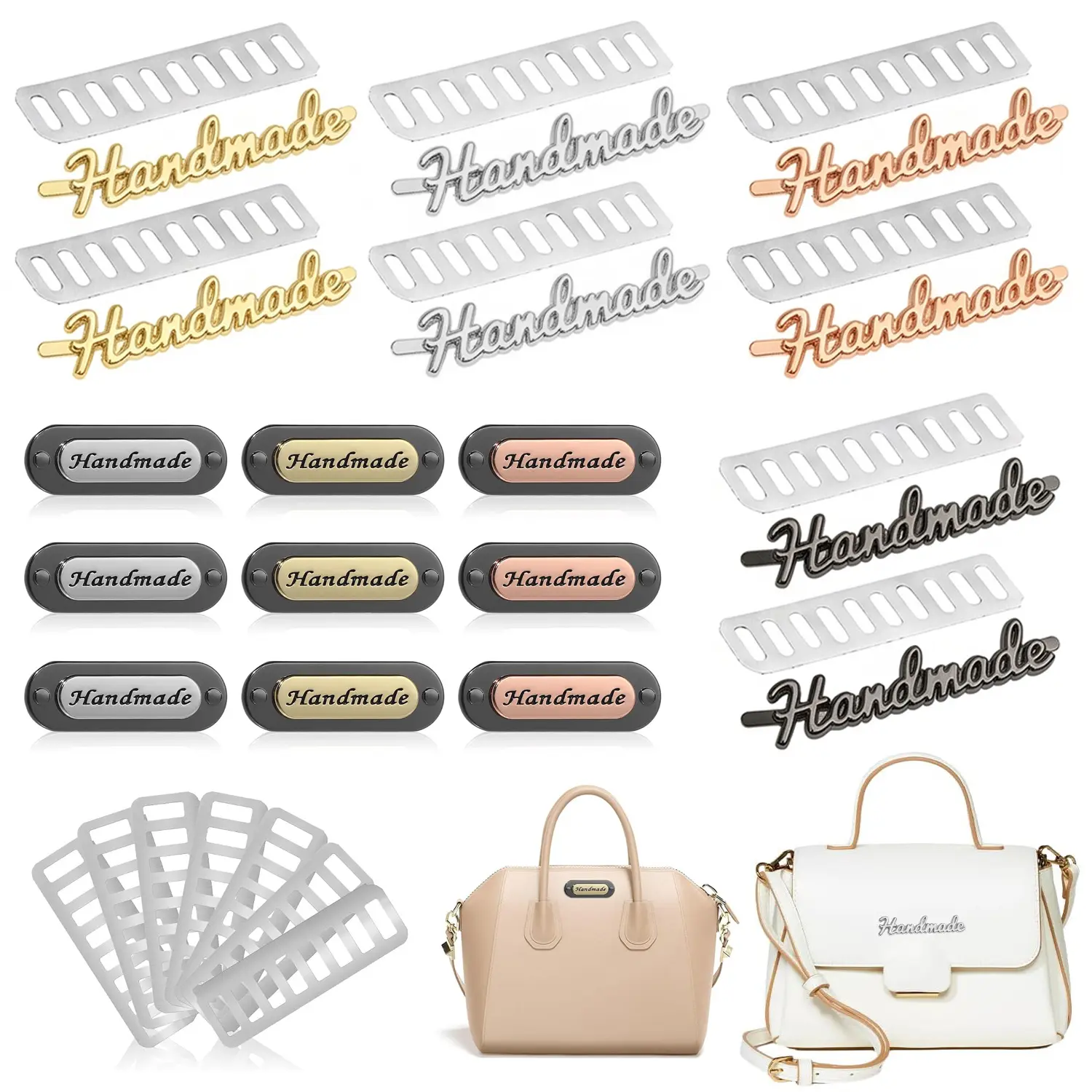 17Pcs Handmade Metal Labels for Crochet Bags 2 Styles Alloy Tags with Shim Hand Made Bag Labels for DIY Crafts Purses Sewing Items Hat Bags Shoes Accessories