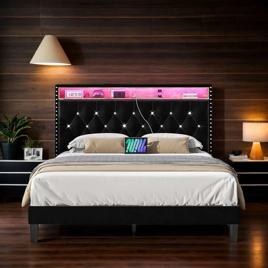LED    Storage Shelf Headboard,  Upholstered    Charging Station, Modern    Diamond Tufted Headboard, No Box Spring Needed, White/ Black, Full/ Queen/ King  (USB LED Strip),  Fabric, Wingback