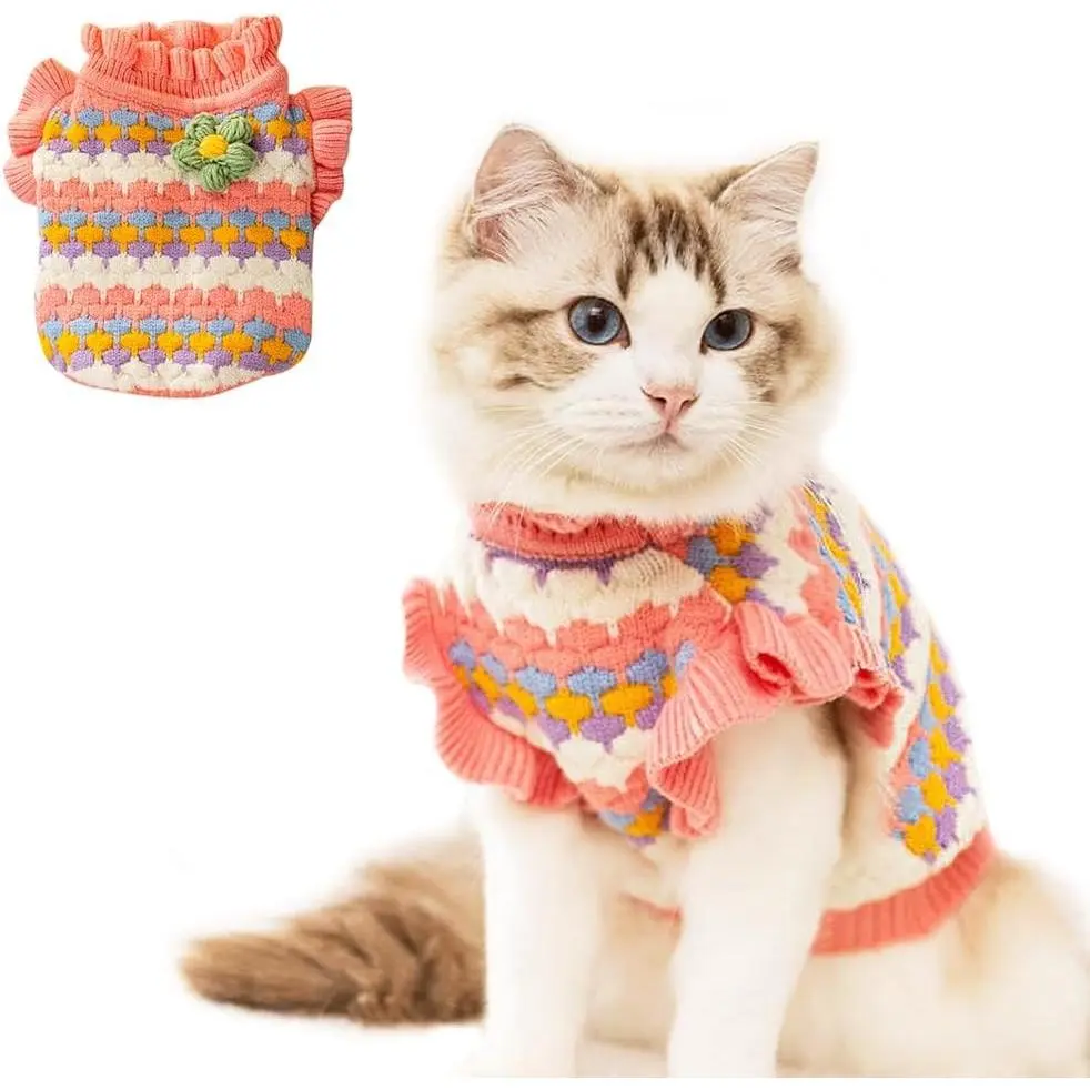 Warm Thick Knitted Small Dog & Cat Sweater, Tulip Pattern Holiday Puppy Clothes for Dog Girl, Cold Weather Outfit for Kitten Chihuahua Yorkie Teacup Dachshund Pug (Pink, Small)