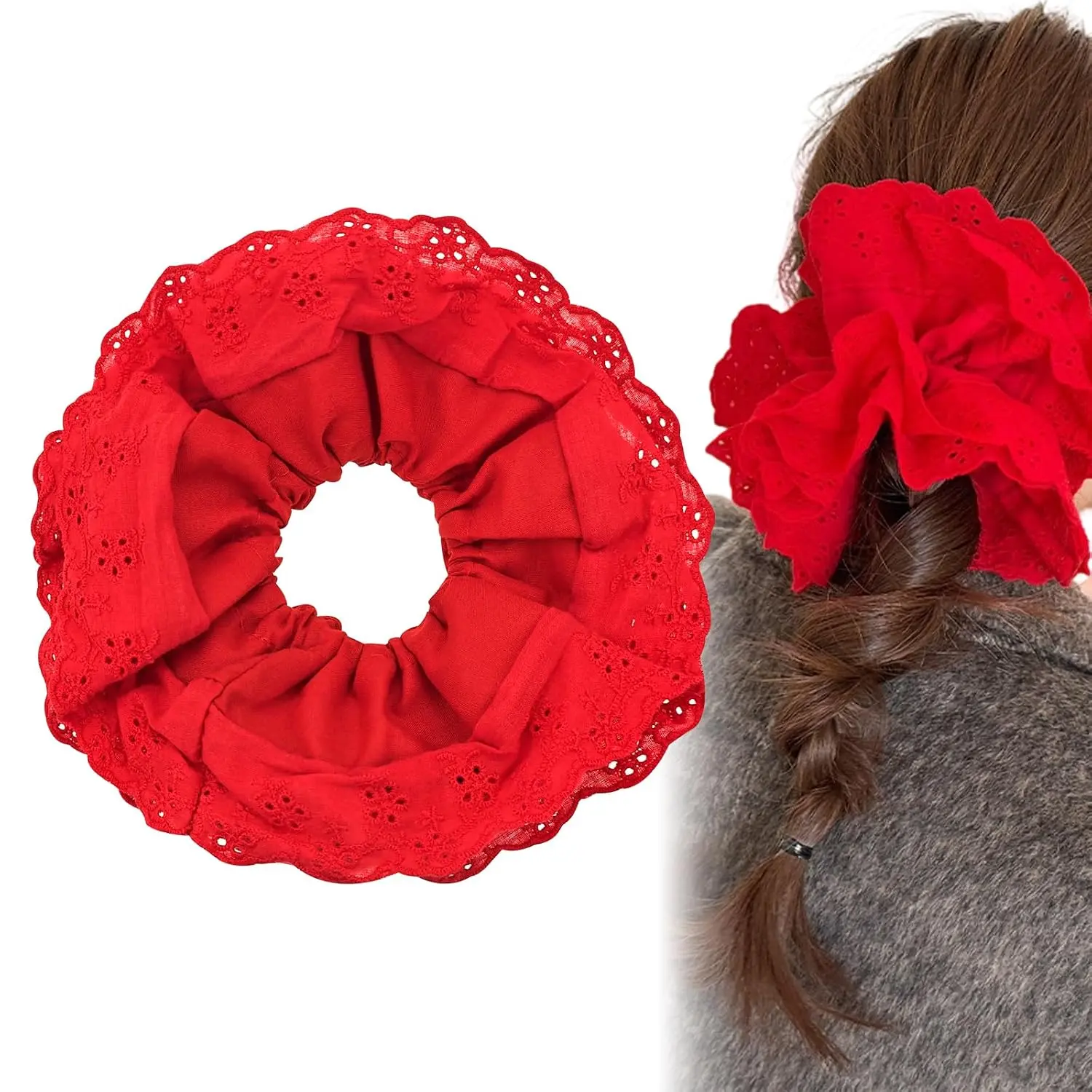 Large Red Lace Scrunchies, Elastic Hair Ties Ropes, Ponytail Holder Hair Accessories for Ladies Girls, Thick Bulk Scrunchies