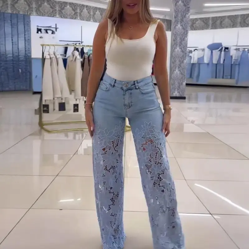 Guipure Lace Spliced High Waist Zipper Fly Wide Leg Washed Jeans Pants Bottom