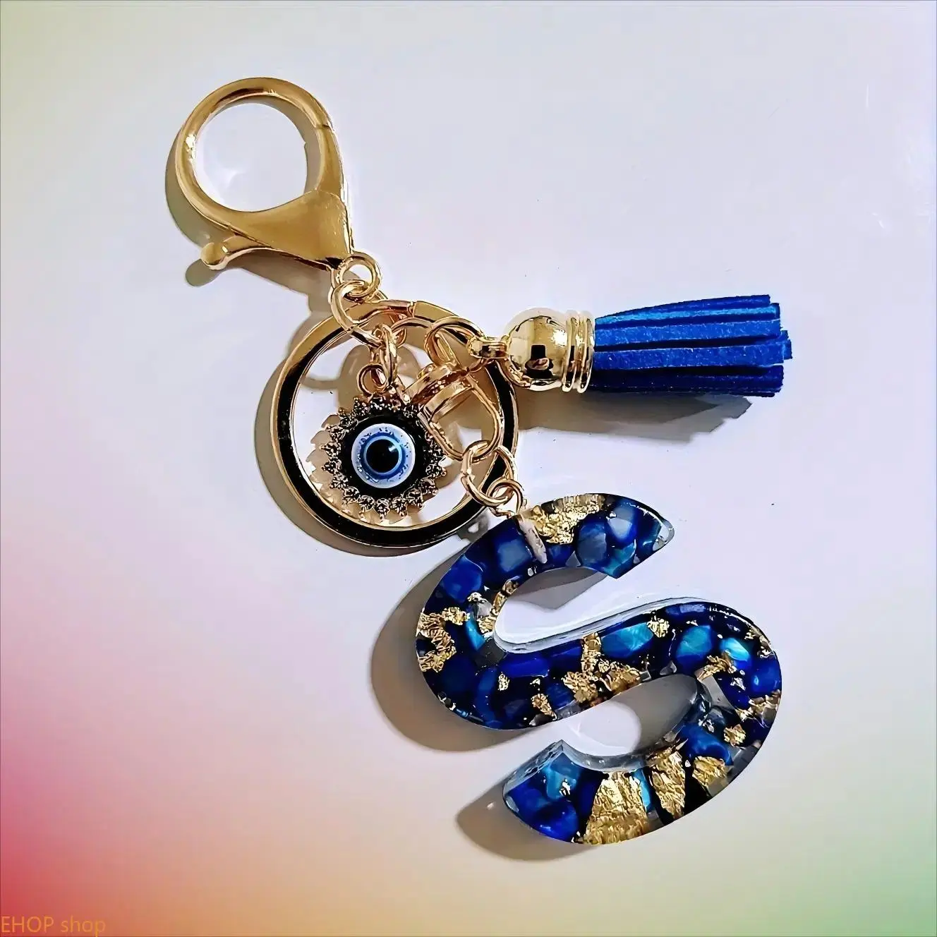 Blue Resin Letter Keychain with Evil Eye Charm and Tassel, Boho Mini Accessories for Your Purse, Bag and Wallet Pendant, Bag Accessories