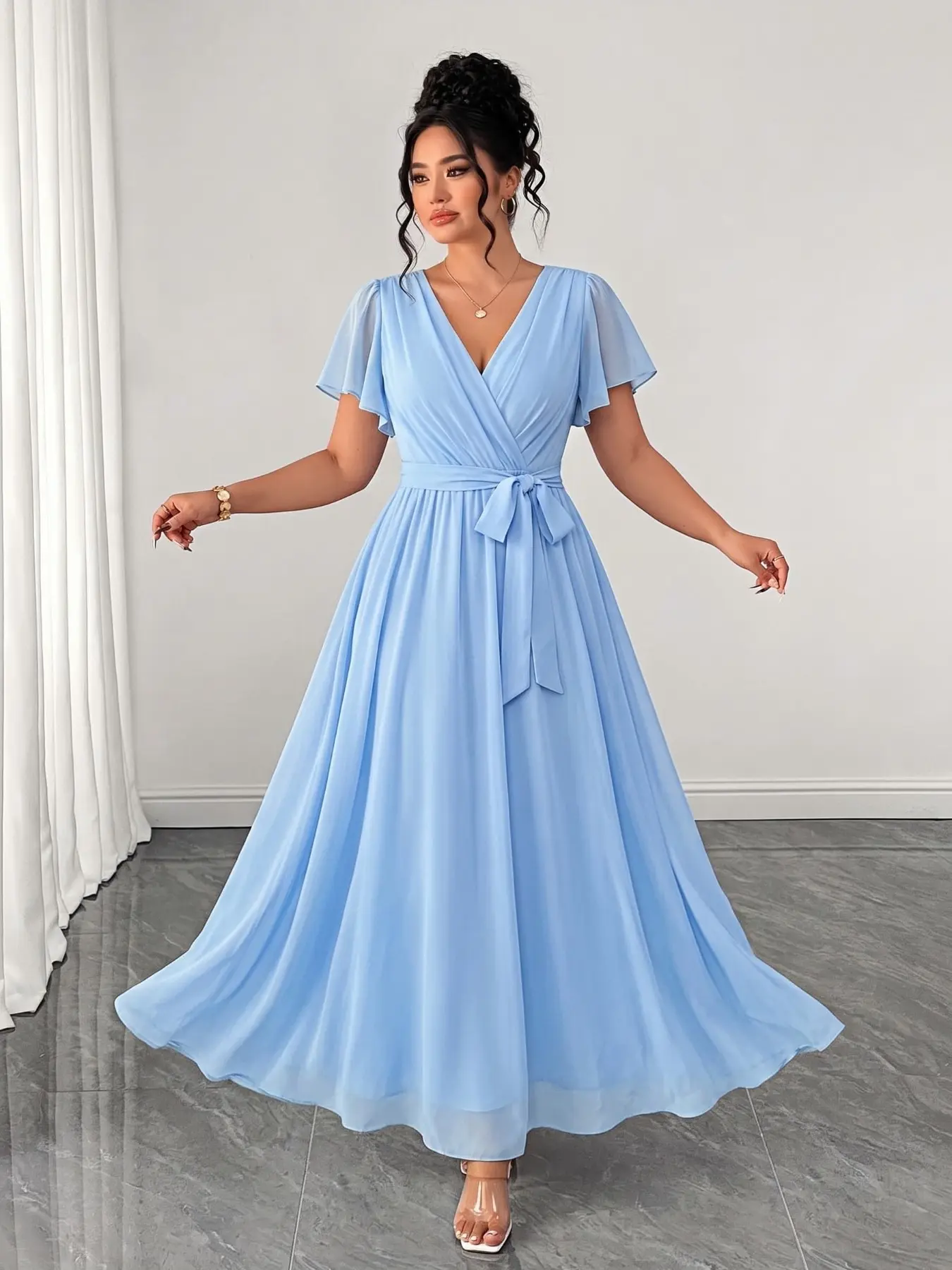 Plus Size Women's Solid A-Line Dress, Ruffle Sleeve Lightweight Flowy Summer, Tie Waist Accentuate Curves, Chic Elegant for Parties, Dates, Weddings