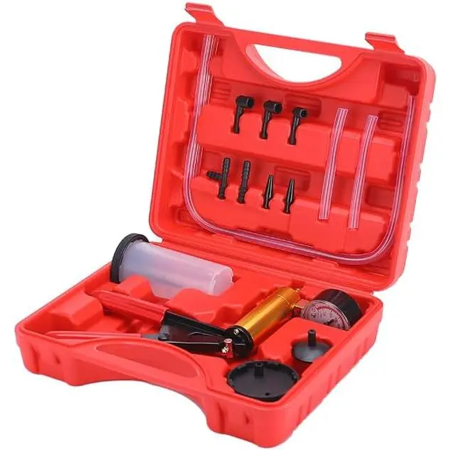 2-in-1 Automotive Fluid Bleeding Kit, Handheld Vacuum Pump with 0-30" hg Range Vacuum Gauge, Plastic Adapters & Protected Case for Cars/Bikes (Red)