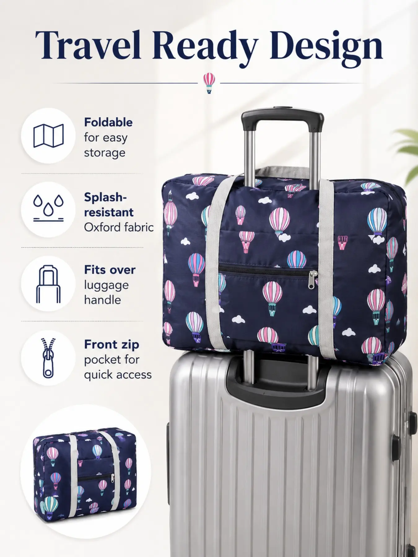 Foldable Travel Tote Bag, Oxford Fabric Large Capacity, Lightweight Shoulder Bag with Luggage Strap, Ideal for Gym, Travel Weekender Bag, Weekend Trips, Overnight Stay