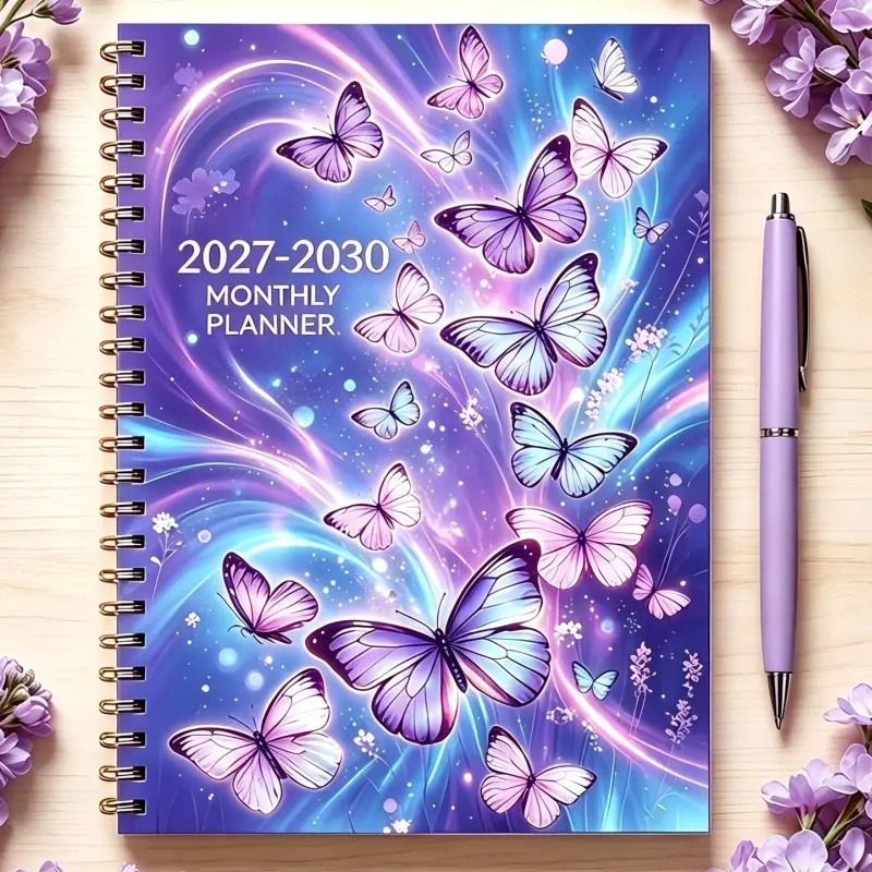 Dreamy Glitter Butterfly 2027-2030 Monthly Planner Coil Notebook, High Aesthetic Schedule Hand Account Book, Elegant Diary Journal