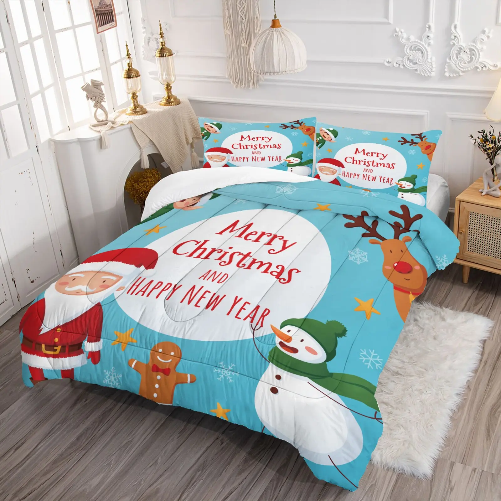 Cartoon Christmas Comforter Set, Cute Xmas Print Bedding, Soft Cozy All-Season Bed Set, Kids & Family Holiday Gift