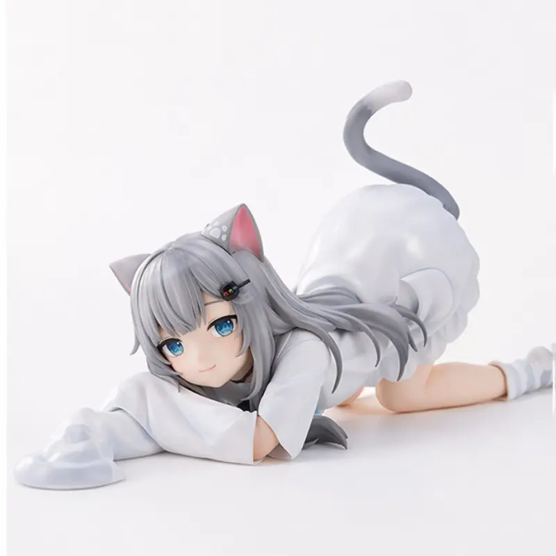 Cute Cat Figurine, Soft Plush Ears and Tail, Lazy Pose, Detailed Coloring, Small Size, Desktop Decor, Collectible Cat Girl Figure, Desktop Decoration Ornament, Home Decor Statue, Statues