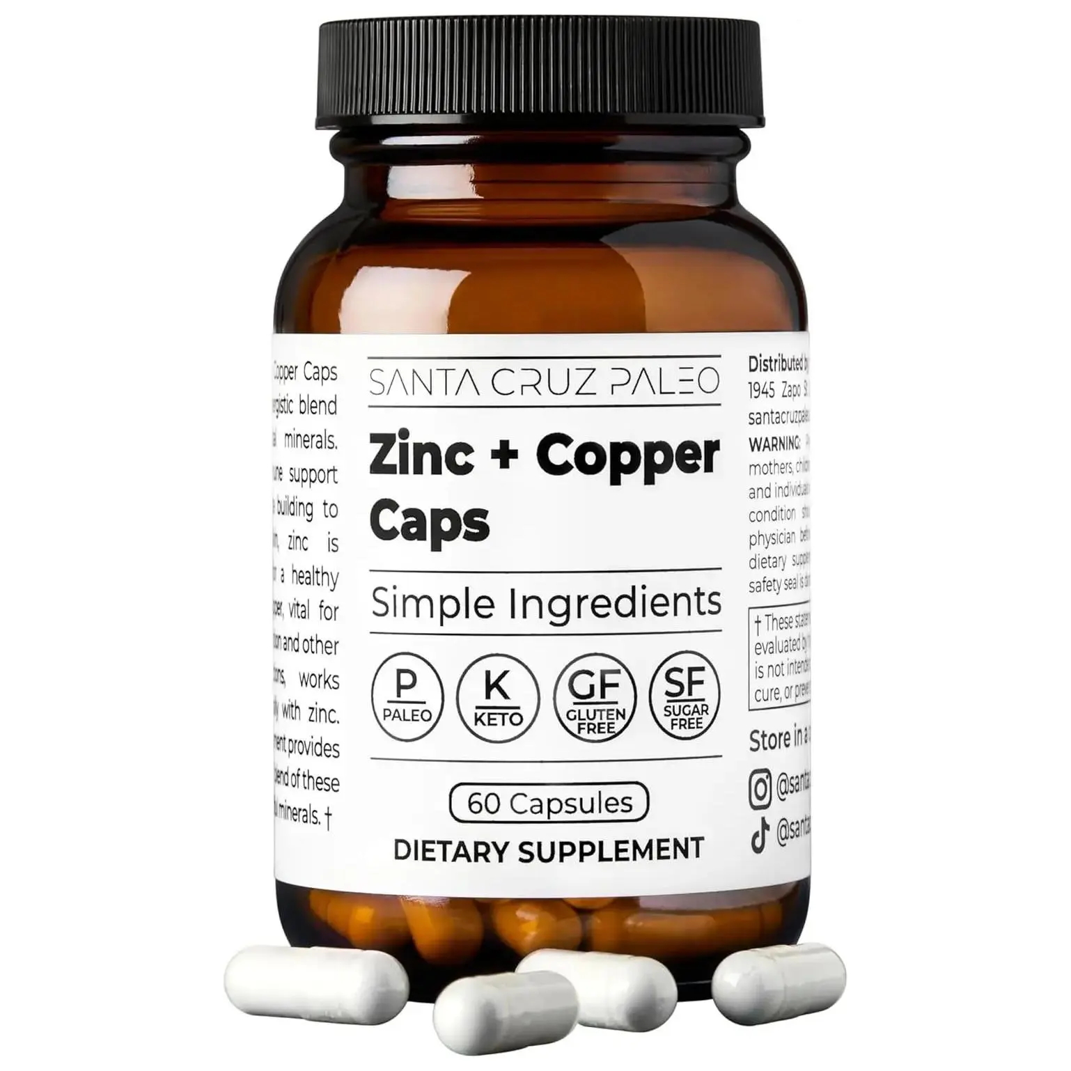 Santa Cruz Paleo, Zinc & Copper Mineral Supplement, High Absorption Formula, Zinc Supplement for Skin & Hair, L Methionine, Copper Gluconate, Trace Minerals, Gluten Free, Keto, Paleo, 60 Capsules