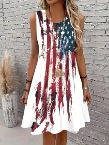 Summer refreshing women's sleeveless midi dress with trendy American flag pattern, suitable for Independence Day holiday wear