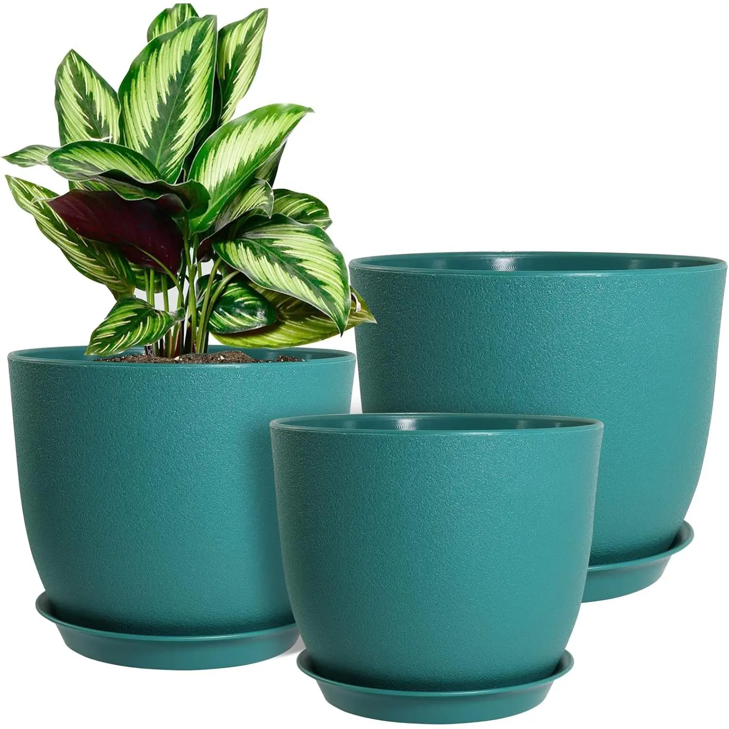 Plant Pots 10/9/8 inch, Set of 3 Modern Decorative Plastic Planters with Drainage Holes and Saucers for House Plants Indoor Flowers Plants, Blue