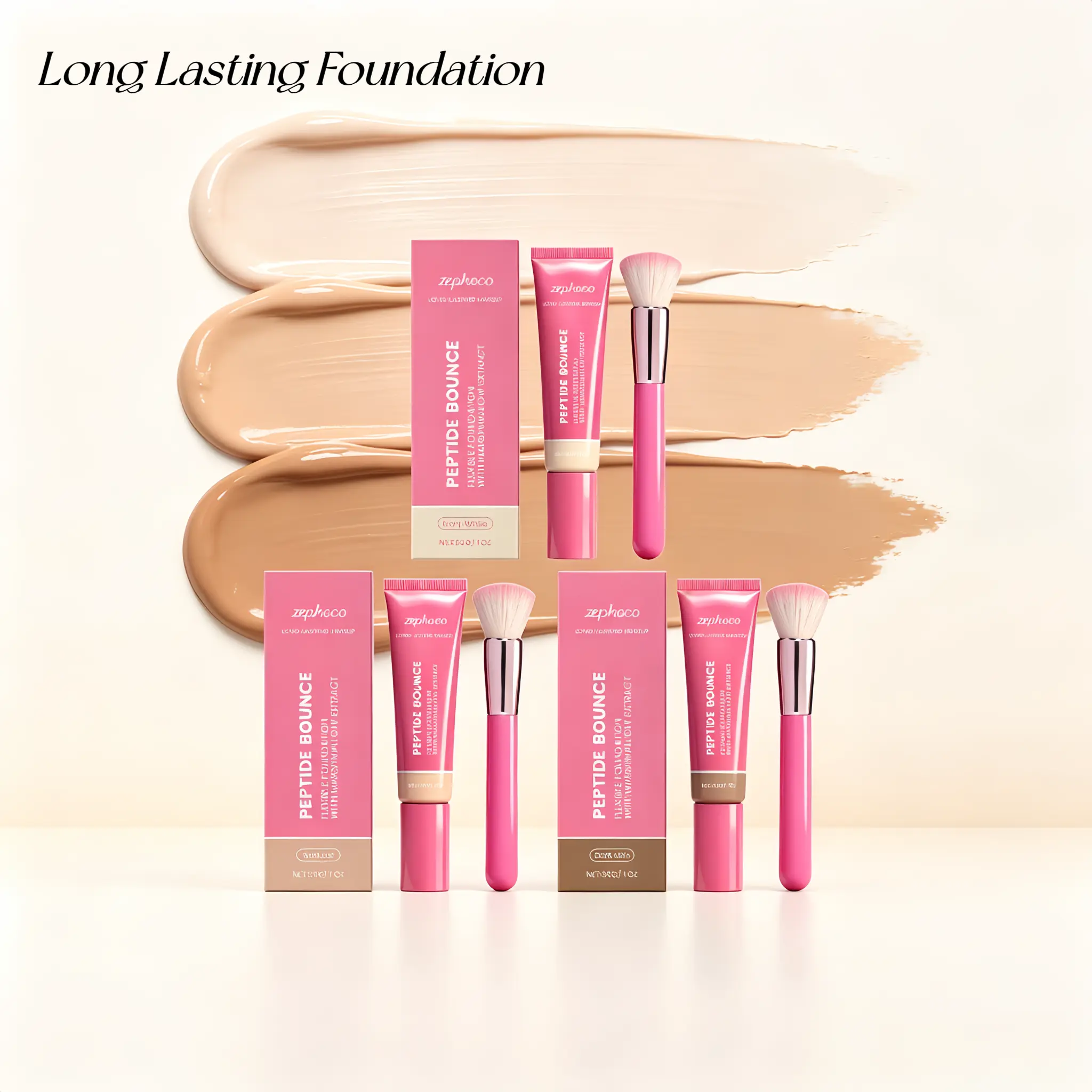 Peptide Bounce Hydrating Liquid Foundation (Ivory White) with Marshmallow Extract, Long-Lasting Oil Control, Buildable Coverage, Lightweight Non-Cakey Flawless Base Makeup, Natural Glow, Free Matching Pink Foundation Brush for Daily Wear