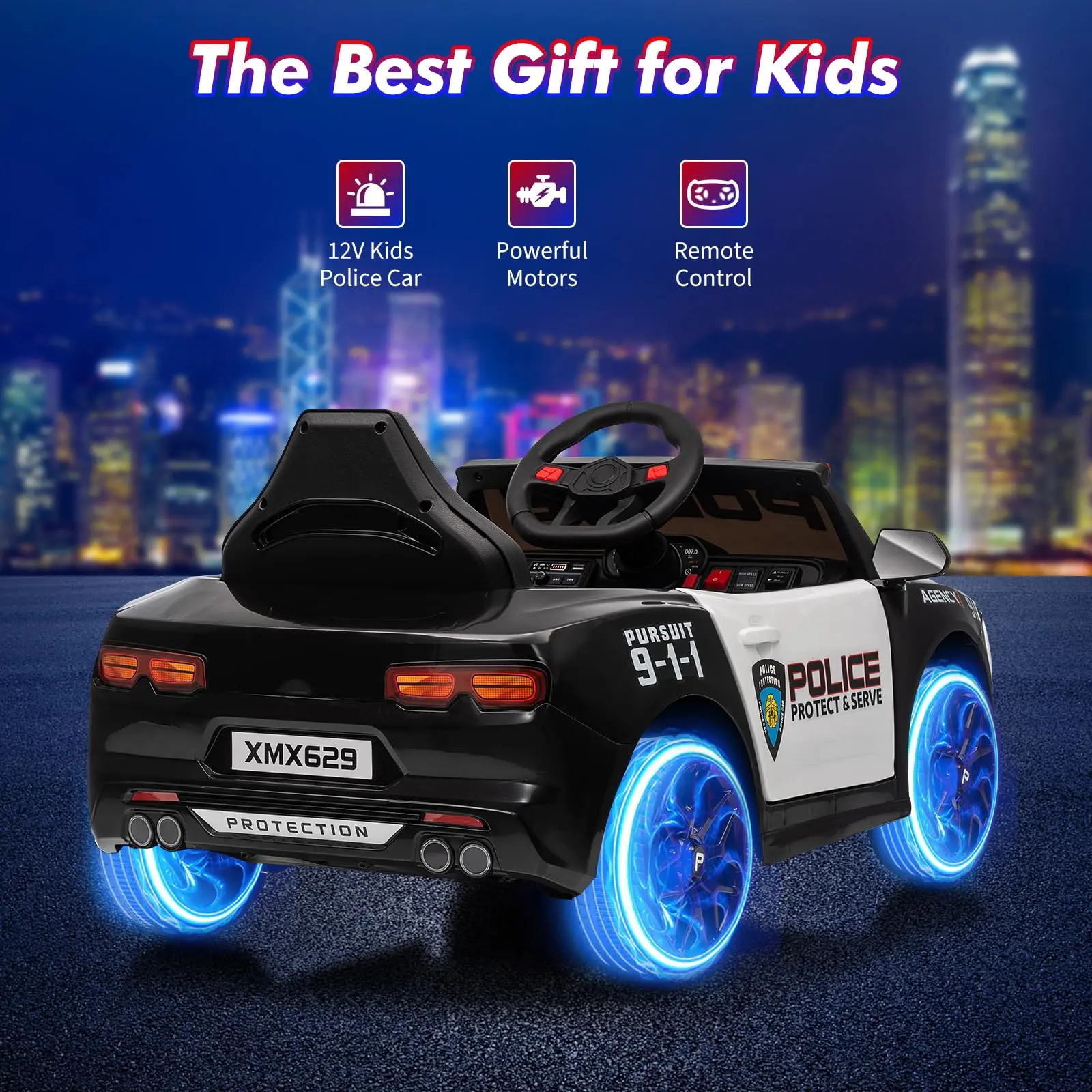 12V Ride On Police Car – 4WD Battery Powered Electric Vehicle – Remote Control, Flashing LED Lights, Music, Spring Suspension, Safety Belt, Truck Bed Storage