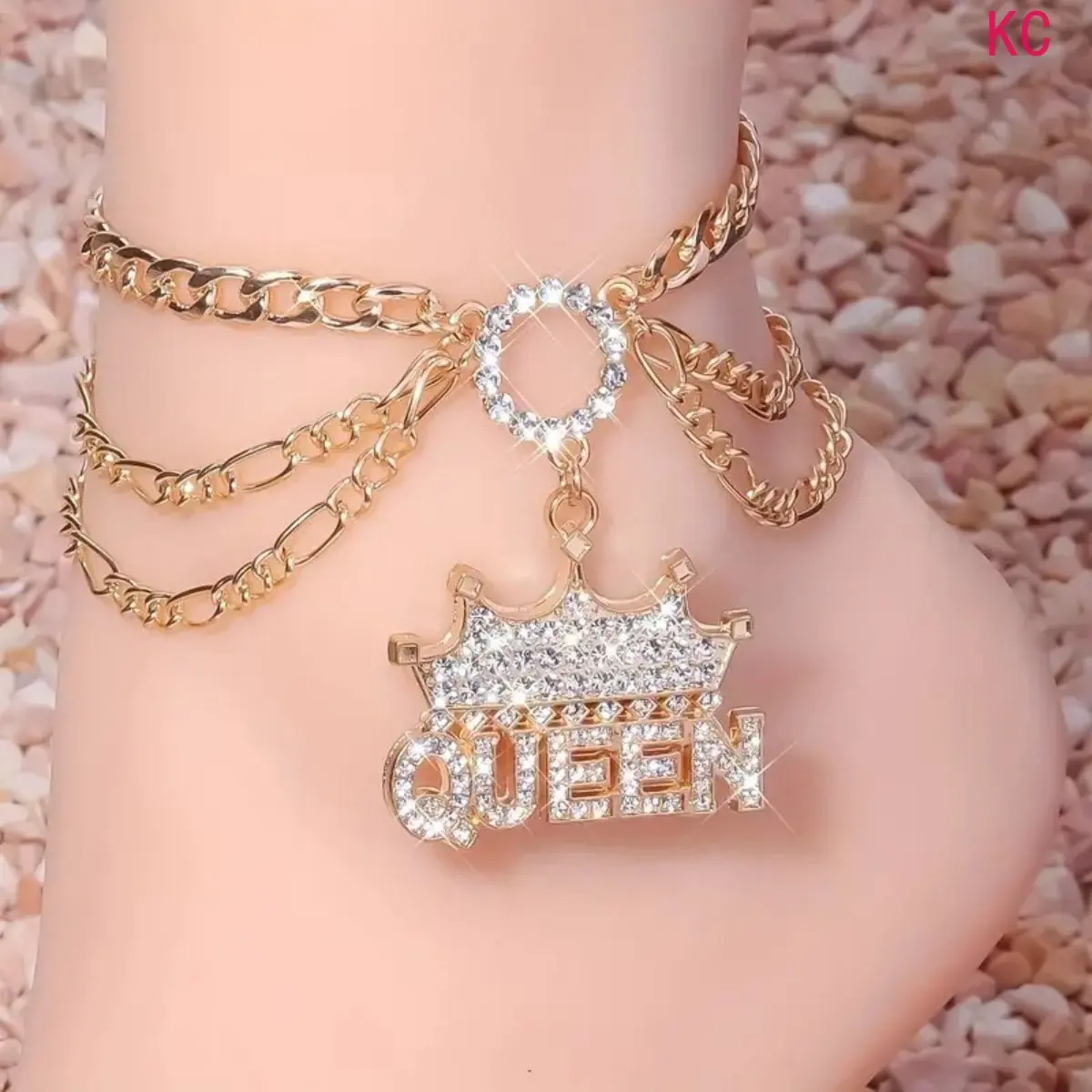 Full Rhinestone Crown Queen Letter Pendant Anklet For Women, Fashion Hip Hop Elegant Foot Jewelry For Daily Matching