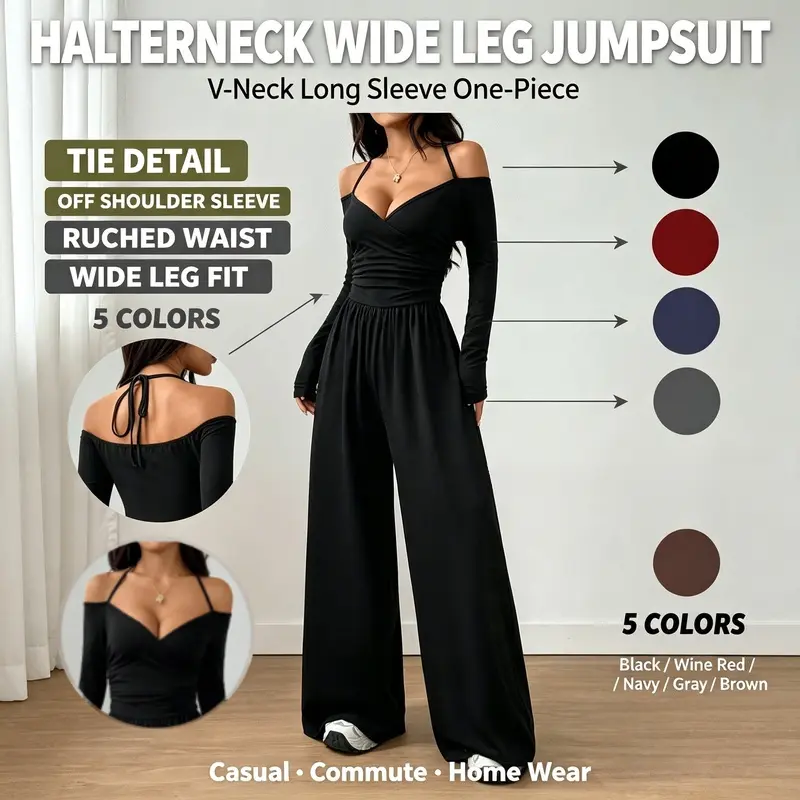 Women's Halter V‑Neck Long Sleeve Jumpsuit, Off‑Shoulder Ruched Waist Wide Leg Jumpsuit, Casual Loose One‑Piece Outfit for Fall Daily Wear