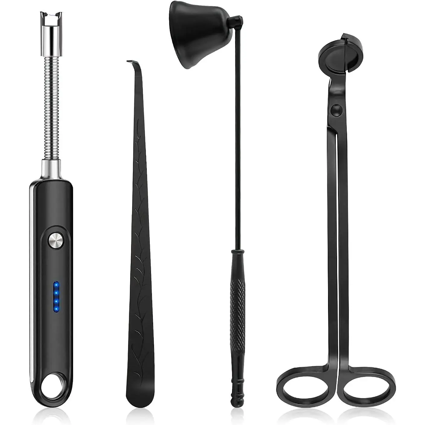 4-Piece Black Candle Tool Set with Wick Cutter, Trimmer, Electric Lighter, Wick Dipper, Perfect Birthday Gift for Mom