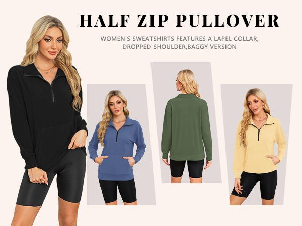 Women's Half Zip Sweatshirt Hoodless Hoodie Stand Collar Fleece Longsleeve Oversized Casual Style Pullover with Kangaroo Pocket Basic Minimalist Tops