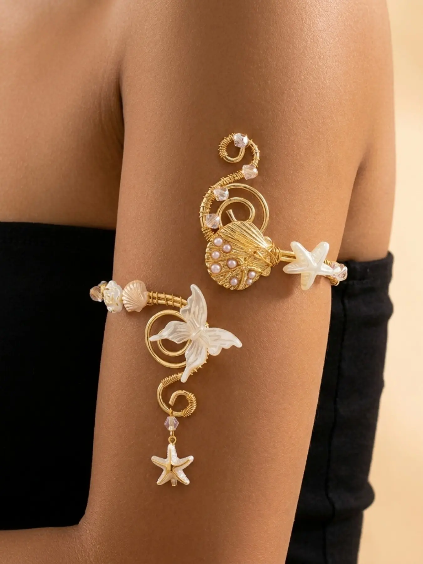 Ocean Butterfly Starfish Seashell Crystal Golden Wire Arm Cuff Spiral Adjustable Upper Arm Bracelet Handmade Beach Floral Armband Boho Fairy Bridal Women Statement Jewelry