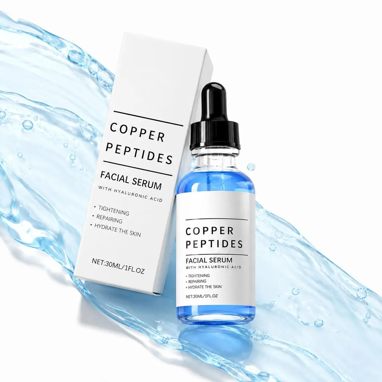 GHK-Cu Copper Peptides Facial Serum with Hyaluronic Acid, Daily Lightweight Formula for Hydrating and Firming Dry or Dull Skin, 1 fl oz / 30 ml, Moisturizer, Anti Aging Cosmetics, Serums & Essences, Plump Skin, Alcohol Free, Smooth Skin Routine