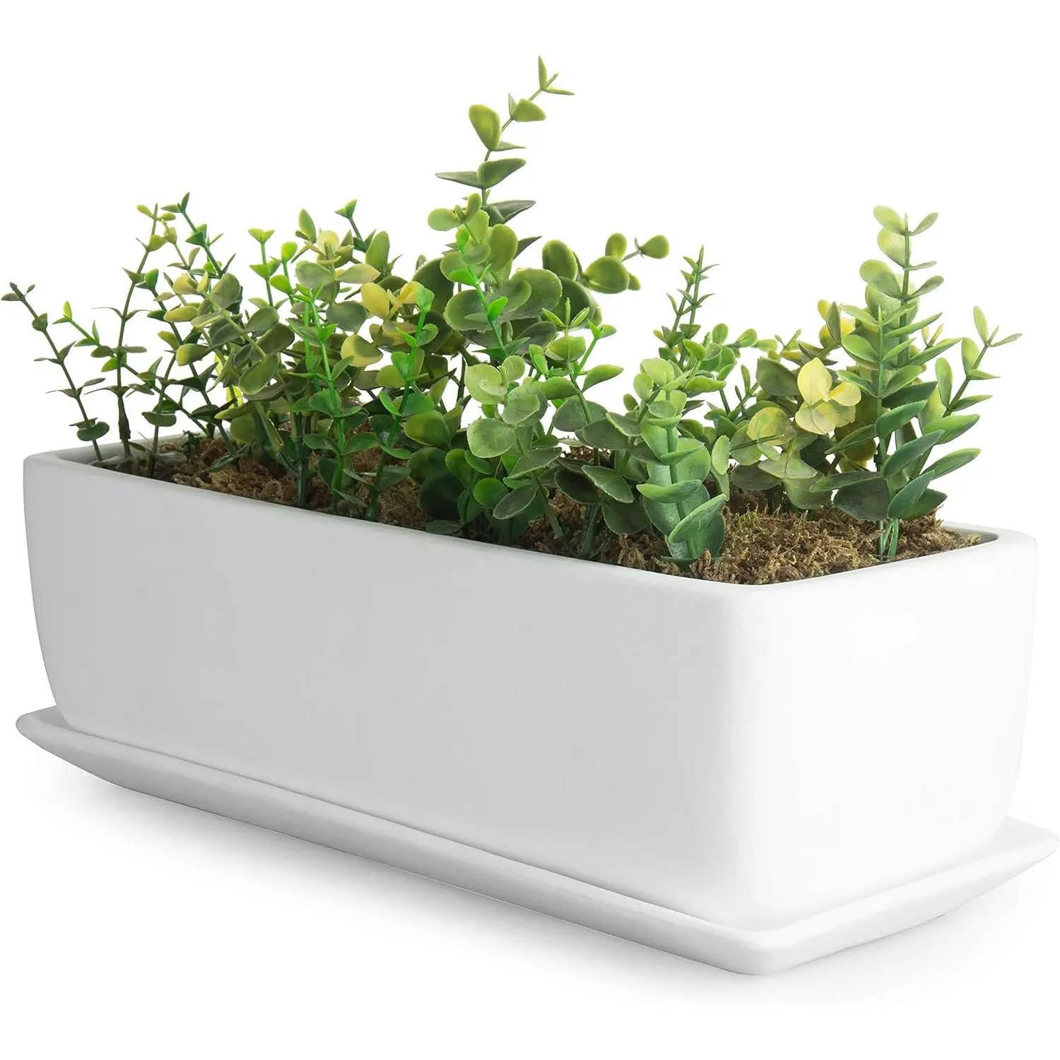 14 Inch Ceramic Indoor  Pot with Drainage Hole, Rectangular Succulent Planter Window Box with Removable , Unglazed White