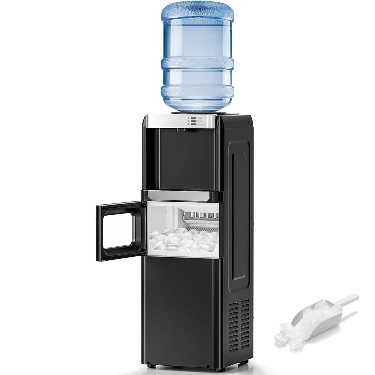Water Dispenser with Ice Maker Function Top Loading Hot Cold Cooler for 5 Gallon Bottle Includes Child Safety Lock Energy Saving Design for Home Office Garage