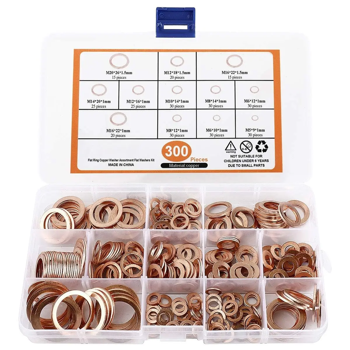 Copper Washer  Set, 300 count 12-Sizes Copper Metric Sealing Washers Kit, Flat Washers  Kit (M5 M6 M8 M10 M12 M14 M16 M20)