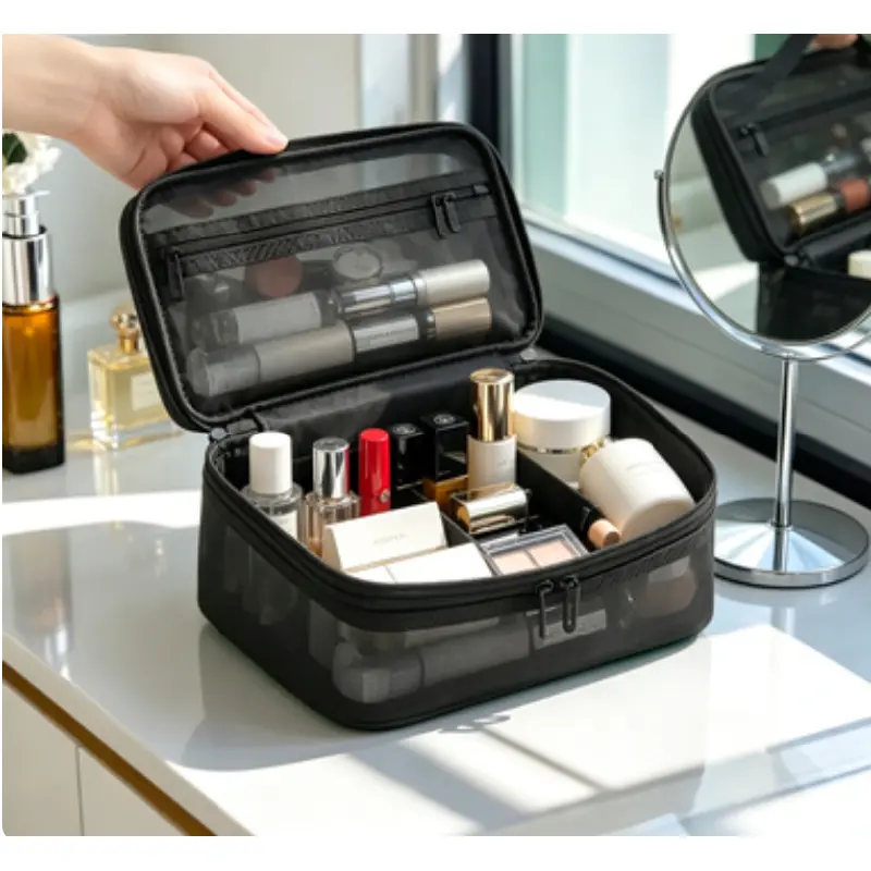 Makeup Brush Holder, 1 Count Double Layer Mesh Makeup Bag, Large Capacity Mesh Cosmetic Bag, Portable Travel Toiletry Bag Storage Bag Makeup Pouch ve
