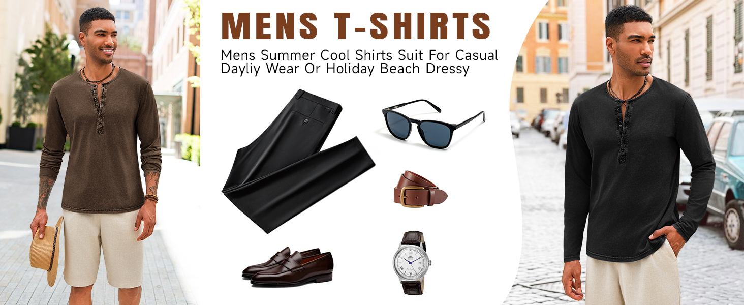 Beotyshow Mens Distressed Henley Shirts Retro Long Sleeve Tee Shirts Casual Button Down Washed T-Shirts for Men Cotton Menswear