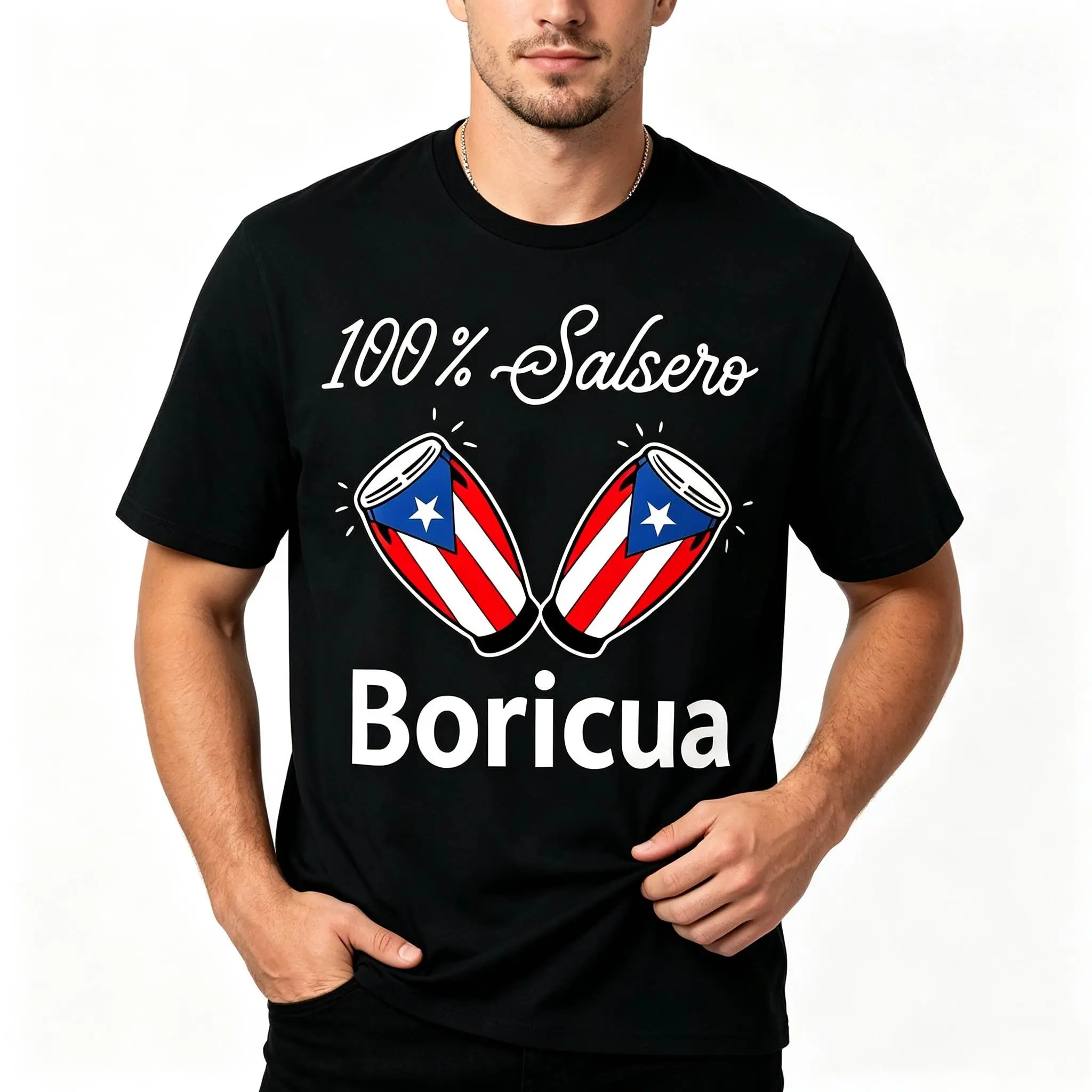 Men's Retro Street 100% Cotton Salsero Boricua Puerto Rico Flag Motif Conga Drums Text Graphic Print T-Shirt - Black Short Sleeve, Pre-Shrunk, Roomy Cuffs, Casual Wear, All-Season Comfortable Minimalist Streetwear Men's Gift