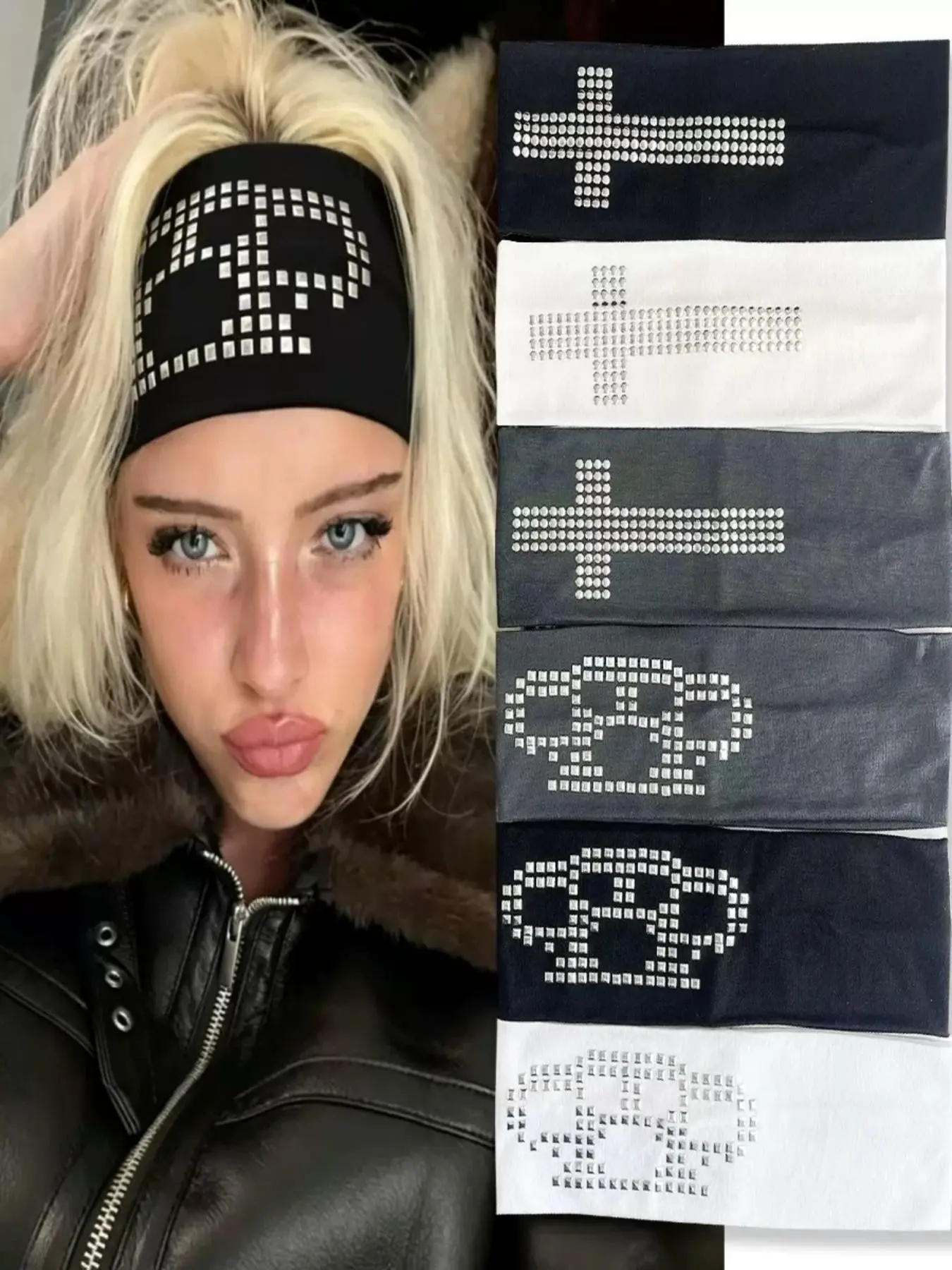 Women's Punk Style Wide Elastic Hairband, Gothic Rhinestone Rivet Cross and Double Ring Design, Soft Elastic Headband, Millennial Street Fashion Accessory