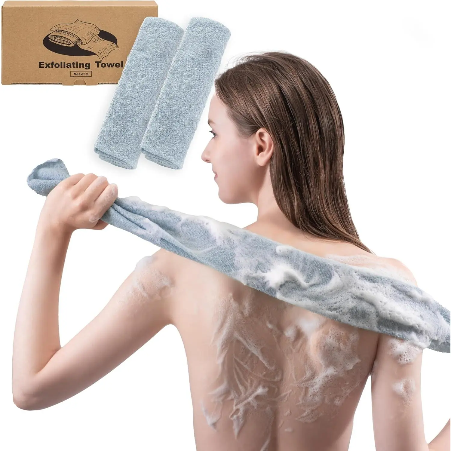 myHomeBody Exfoliating Shower Washcloth Pad Set (2-Piece, Sky Blue) - Smooth, Lightweight Loofah Body Scrubber, Back Bath Towel for Glowing Skin, Machine Washable, Polyester+Charcoal+Nylon Fiber, Stretchy Material for Exfoliating Body Cleaning