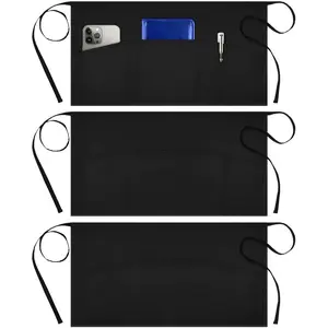 Server Aprons with 3 Pockets, Waterdrop Resistant Waitress Waiter Waist Apron, 11.5-inch Black