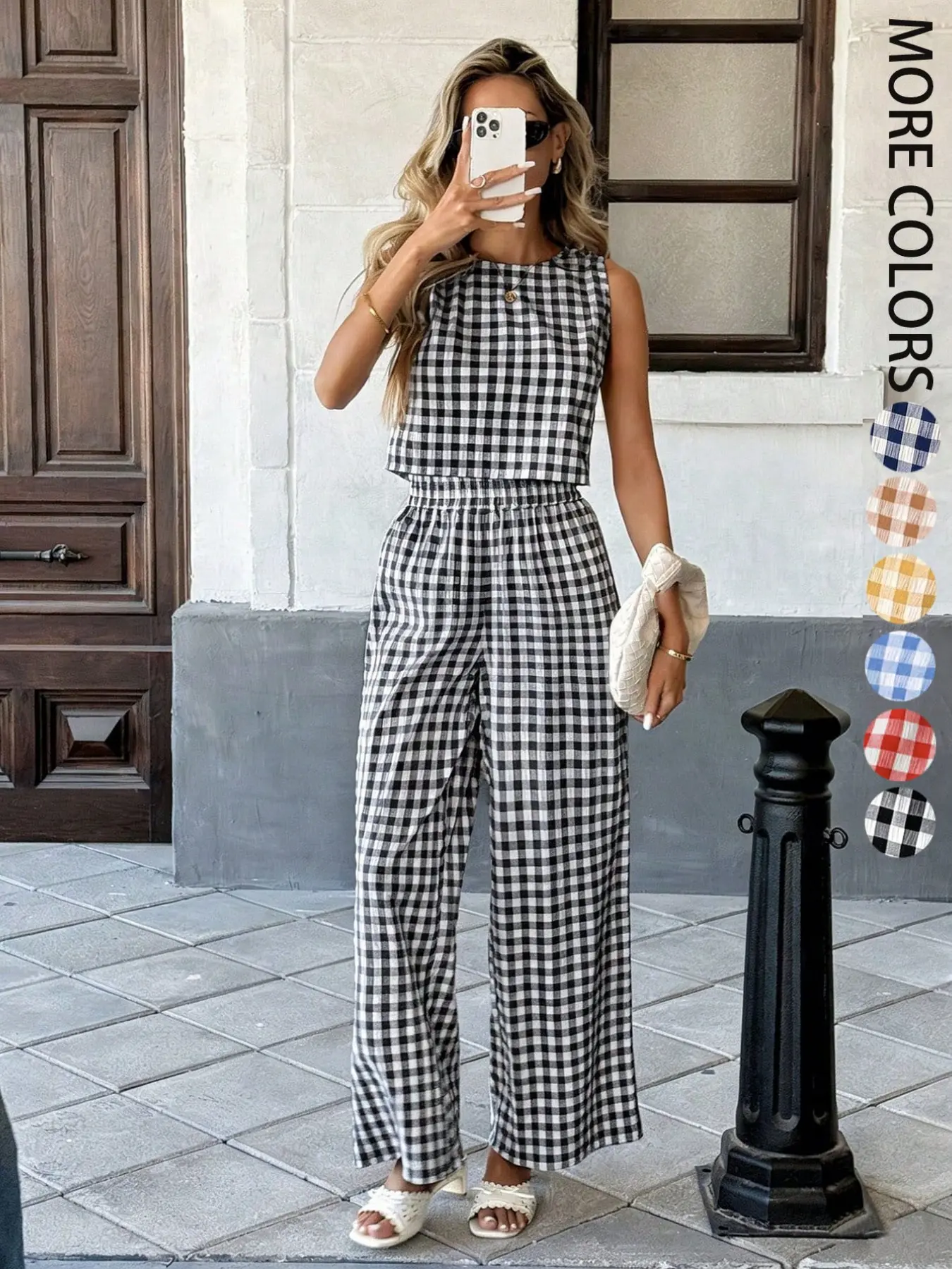Ladies' multi-color casual plaid round neck sleeveless set Women, summer plaid sleeveless top+high waist wide leg pants set, suitable for commuting/dating/going out/home, essential for lazy people to wear Clothes Summer Matching Set