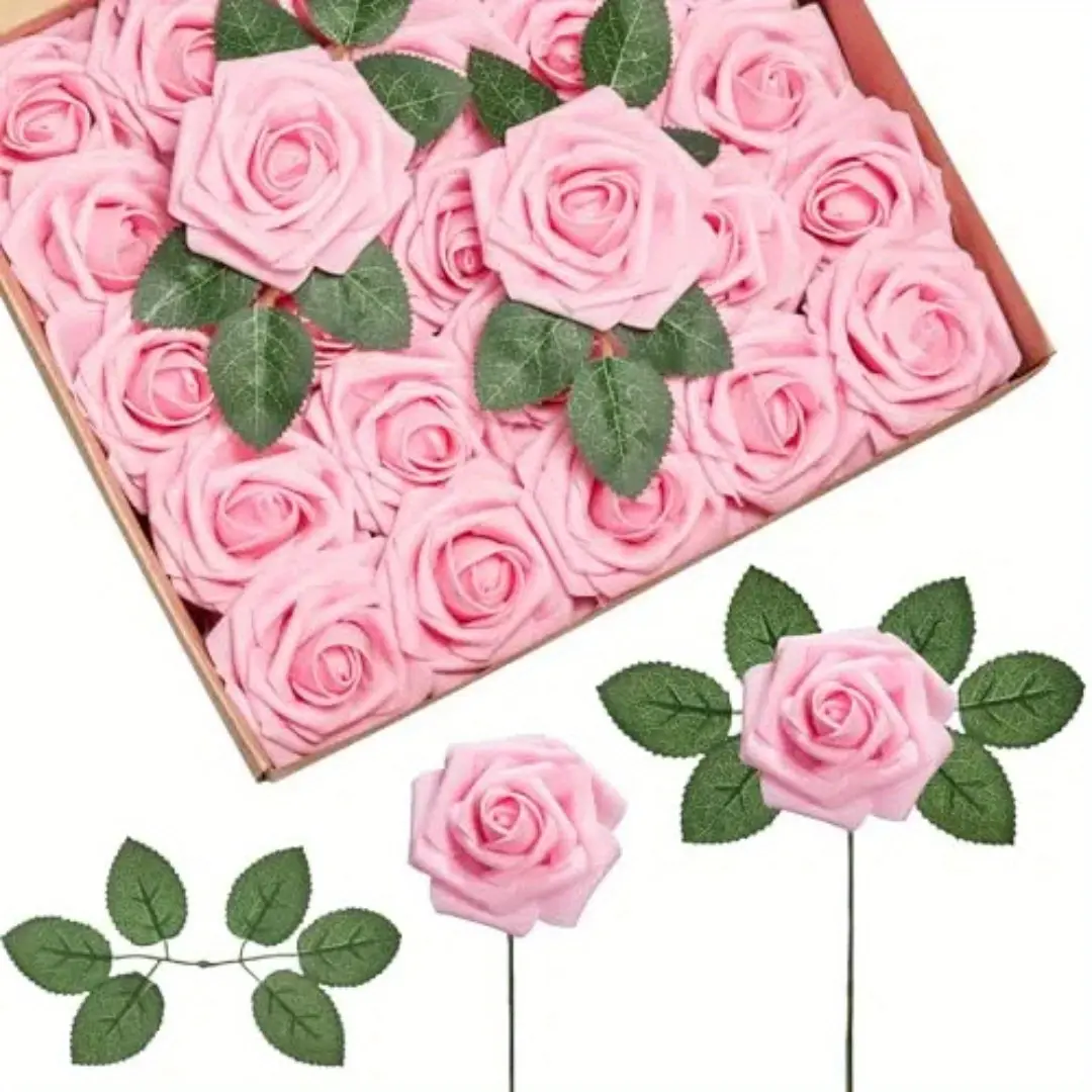 50pcs Blush Pink Foam Rose Flowers with 7.5-inch Flexible Stems & Leaves - Realistic Artificial Floral Decor for Wedding, Valentine’s, DIY Projects, Leaf, 7.5-Inch Stem